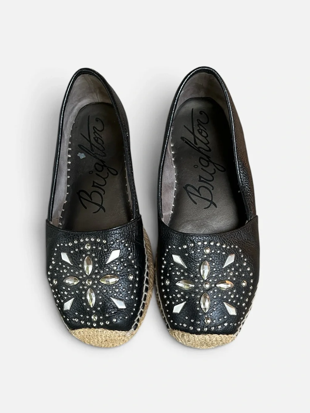 Brighton Jett Leather Studded Espadrille Moccasin Flat in Black Size 6